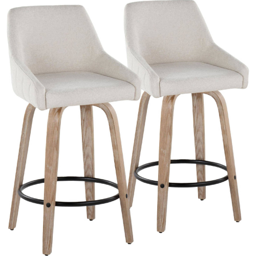 Hannah 26" Swivel Counter Stool in White Washed Wood & Cream Fabric w/ Black Footrest (Set of 2)